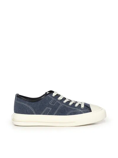 Hogan Denim-textured Low-top Sneakers With Embossed Logo In Blue
