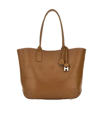 Hogan Small Address Leather Tote Bag In Brown