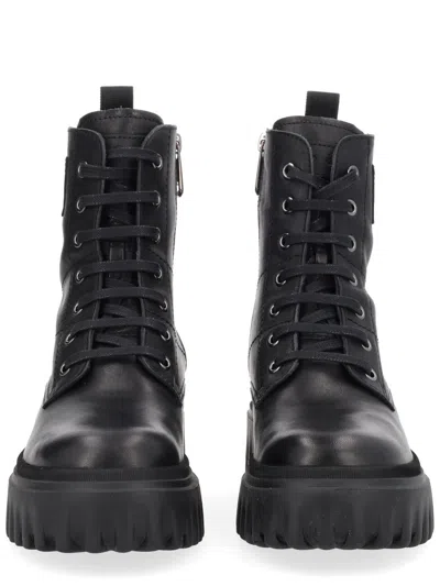 Hogan H700 Chunky Biker Boots In Leather In Black