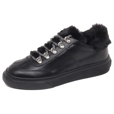 Pre-owned Hogan F6362 Sneaker Donna Black  H365 Leather/eco Fur Inside Shoe Woman In Nero