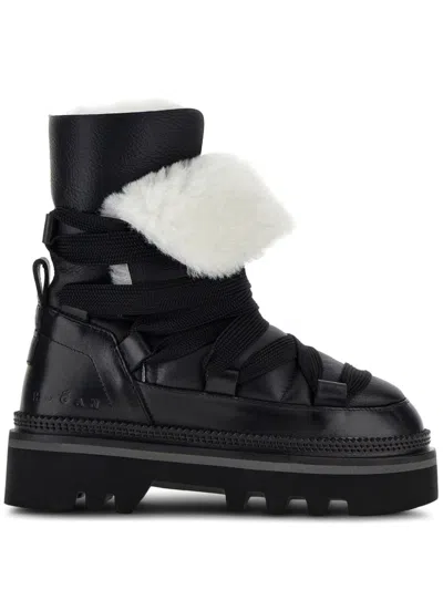 Hogan Faux-fur Trim Ankle Boots In Black