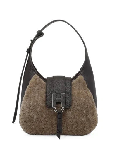 Hogan Faux-fur-trimmed Leather Shoulder Bag In Brown