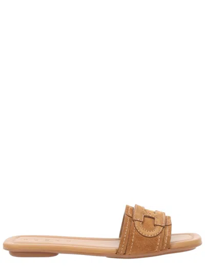 Hogan Flat Calf Leather Stitched Logo Sandals In Brown