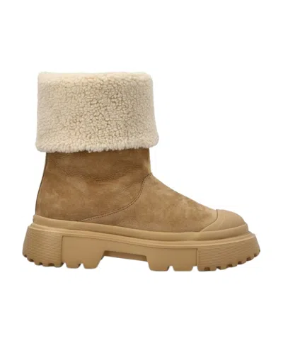 Hogan Fleece-trim Leather Ankle Boots In Nude