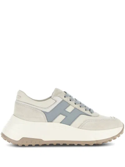 Hogan Gray Leather Sneakers With Suede Lace-up Closure In White