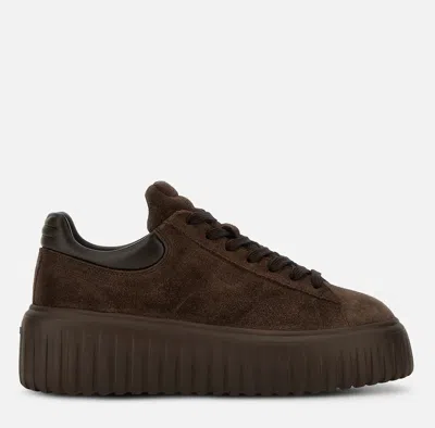 Hogan Round Toe Brown Suede Sneakers With Logo Embellishments And Elevated Sole