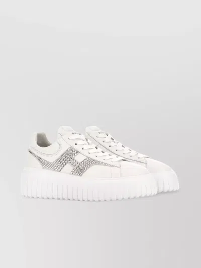 Hogan H-stripes Leather Sneakers With Embellished Flatform Sole In White