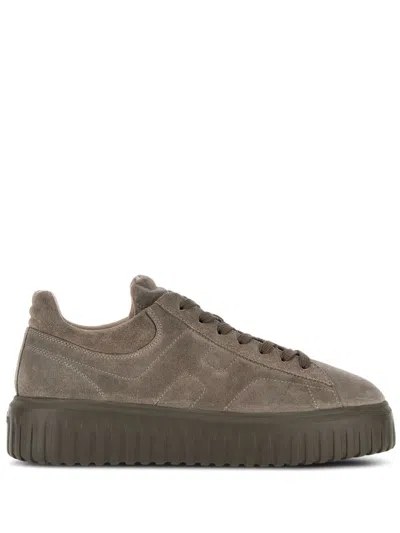 Hogan Brown H-stripes Lace Up Sneakers In Beige