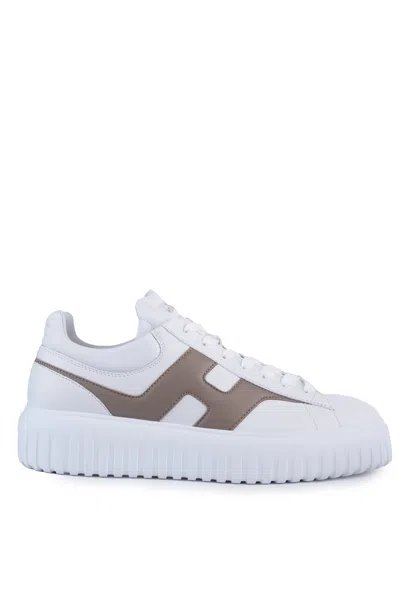Hogan H-stripes Sneakers In Leather In Bianco/marrone