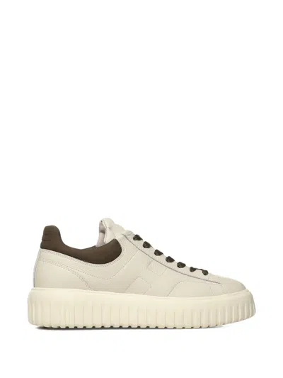 Hogan H-stripes Grained Leather Sneakers In Neutral