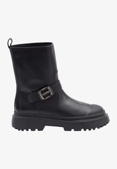 Hogan H619 Leather Biker Boots In Black
