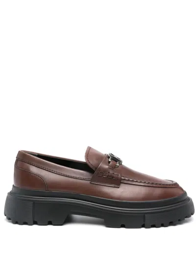 Hogan H619 Logo-plaque Leather Loafers In Brown