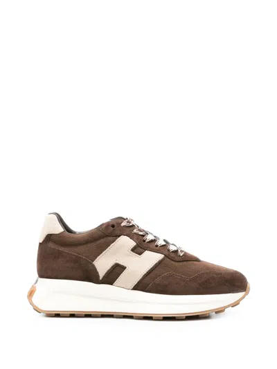 Hogan H641 Suede Logo-patch Sneakers In Brown