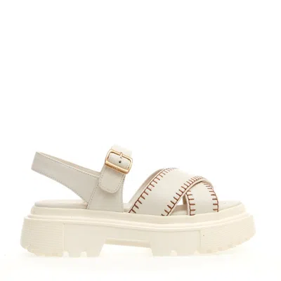 Hogan H644 Tank Sandal In White Stitched Leather