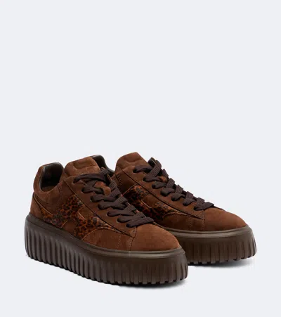 Hogan H645 Fur-trimmed Leather Platform Sneakers In Brown