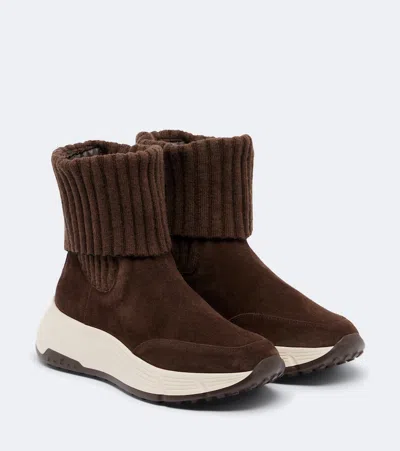 Hogan Brown Suede Ribbed Wool Cuff Ankle Boots