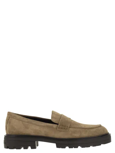 Hogan Men's H673 Suede Moccasin With Carrarmato Bottom Loafer In Beige