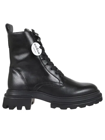Hogan H674 Lace-up Leather Ankle Boots In Black