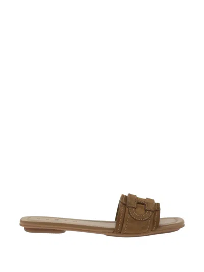Hogan Suede Slide Sandals With Signature H Detail In Brown