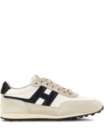 Hogan Luxe Logo Patch Suede Sneakers With Lace-up Fastening In Neutral