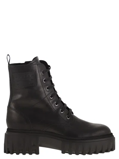 Hogan H700 - Leather Combat Boots In Black