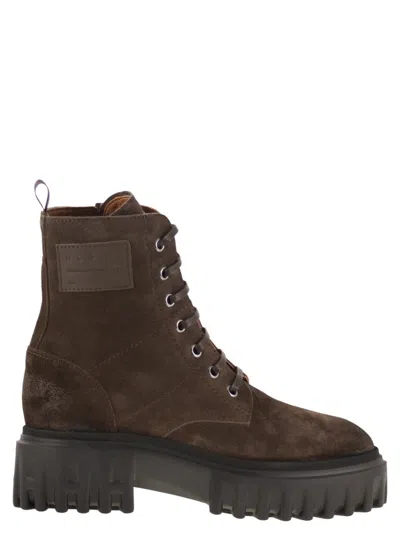 Hogan H700 - Suede Combat Boots In Brown