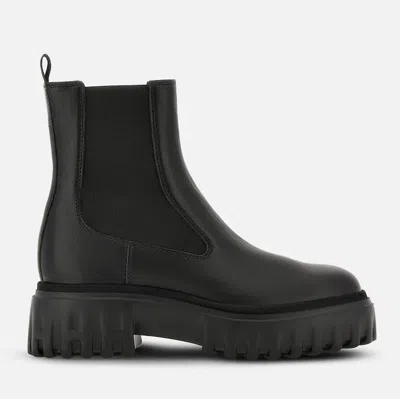 Hogan Black Leather Boots With Elastic Side Panels