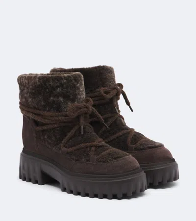 Hogan H700 Shearling Platform Ankle Boots In Brown