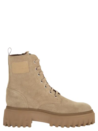 Hogan H700 Suede Ankle Boots With Lug Sole In Beige