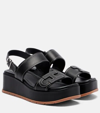 Hogan H703 Leather Platform Sandals In Black