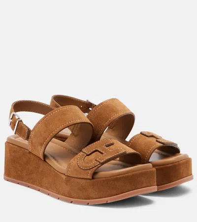 Hogan H703 Suede Platform Sandals In Brown