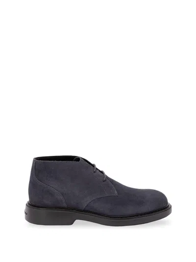 Hogan H704 Dark Leather Lace-up Ankle Boots In Blue