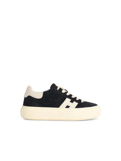 Hogan H705 Leather Sneakers Low Top Contrast Sole In Black