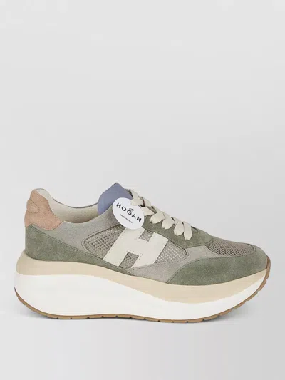 Hogan H714 Mesh Sneakers Suede Panels Rubber Sole In Green