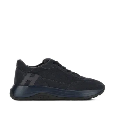Hogan H719 Allacciato H Blue Calfskin Suede Sneakers In Black