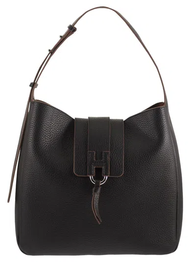 Hogan Hammered Leather Shoulder Bag With H Detail In Black