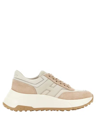Hogan Hi-fi Suede And Technical Fabric Sneakers In Beige