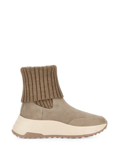 Hogan Suede Boots Chunky Sole Ribbed Knit Cuff In Multi