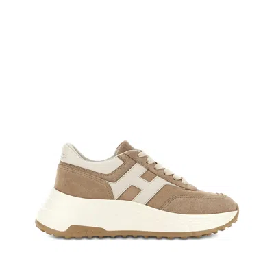 Hogan Panelled Design Leather Sneakers With Ridged Sole In Neutral