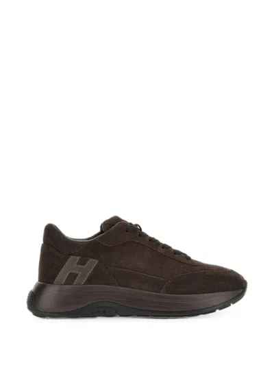 Hogan Lace Up Highlight Leather Suede Sneakers In Brown