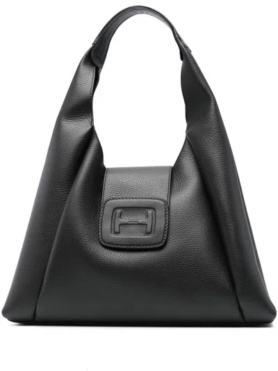 Hogan Logo-patch Leather Shoulder Bag In Nero