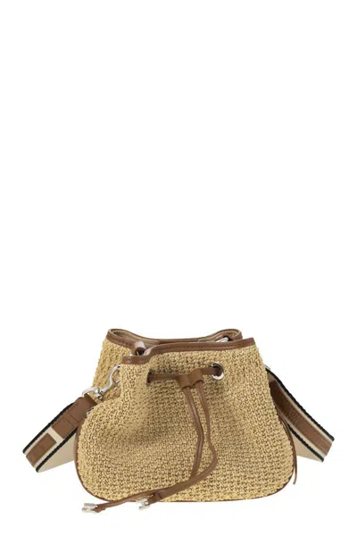 Hogan Hocket Mini Raffia And Leather Bucket In Beige