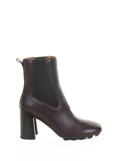Hogan Dark Brown Leather Ankle Boot In Burgundy