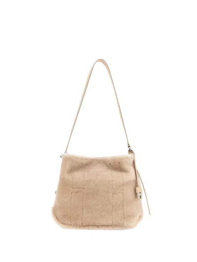 Hogan Hobo Bag In Shearling And Smooth Leather Inserts In Neutral