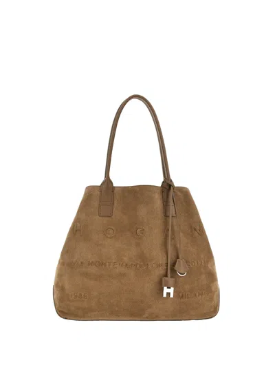 Hogan Shopping Bag In Suede Leather, Brown Color, Smooth Leather Inserts.