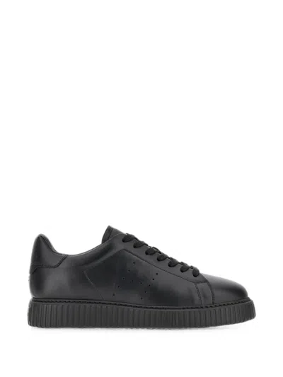 Hogan Black H677 Leather Rubber Sole Leather Sneakers