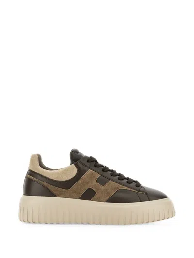 Hogan H-stripes Leather And Suede Trainers With H Logo And Platform Sole In Brown