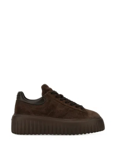 Hogan Round Toe Brown Suede Sneakers With Logo Embellishments And Elevated Sole