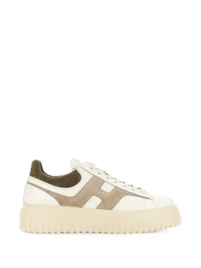 Hogan H-stripes Leather And Suede Trainers With H Logo And Platform Sole In Neutral