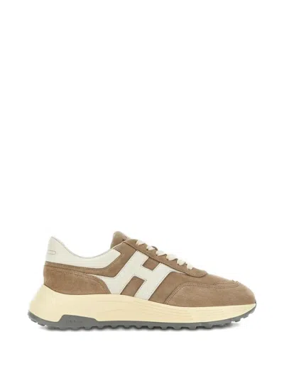 Hogan Sneakers Round Toe Rubber Sole Suede Panels In Brown